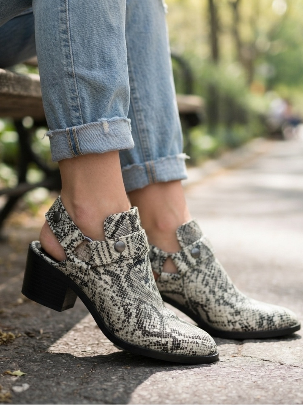 Snake-Print Cutout Heel Mules